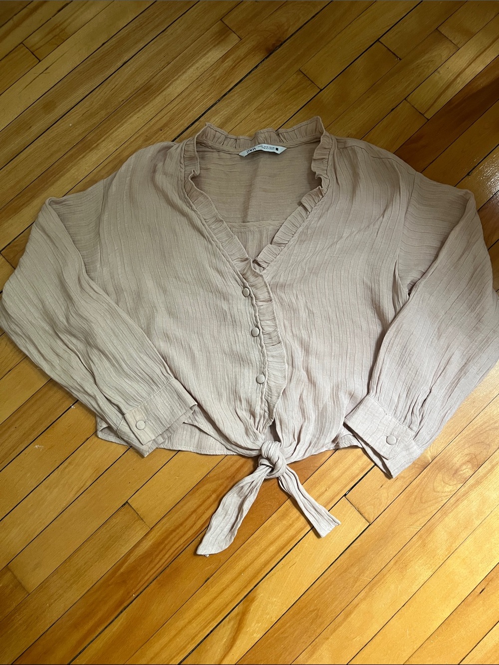 Light Pink Tie-Front Ruffle Blouse - Women